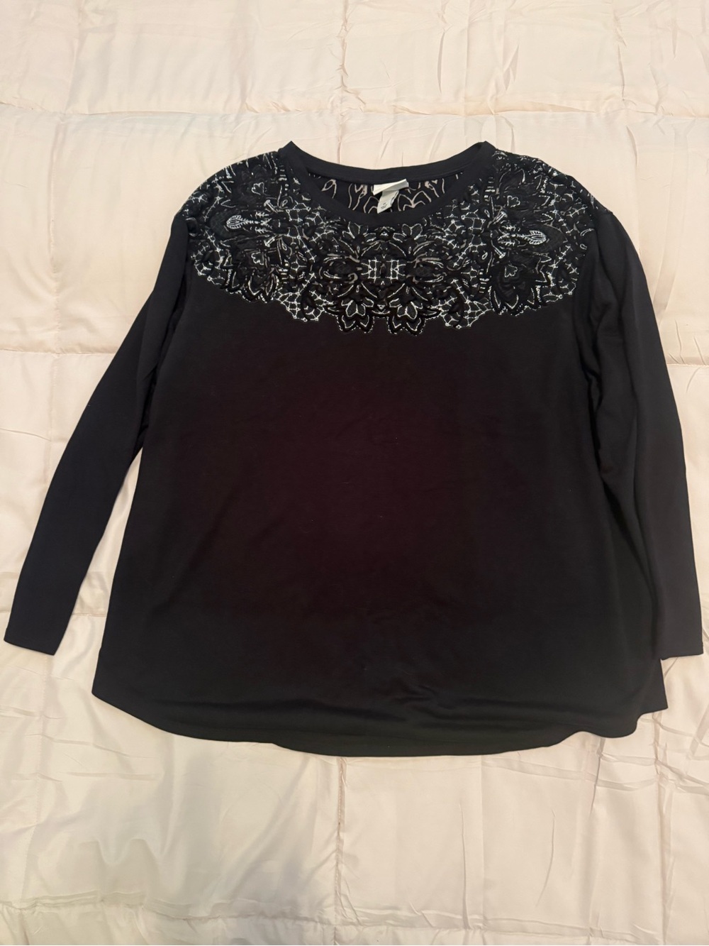 Ava & Viv Black Long-Sleeve Top with Embroidered Yoke